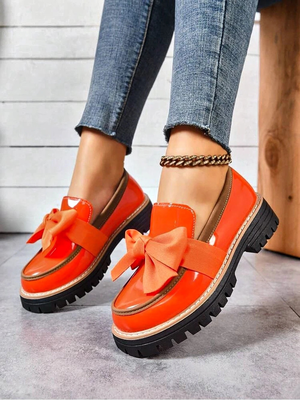 Orange Bow Platform Loafers US New Without Tags